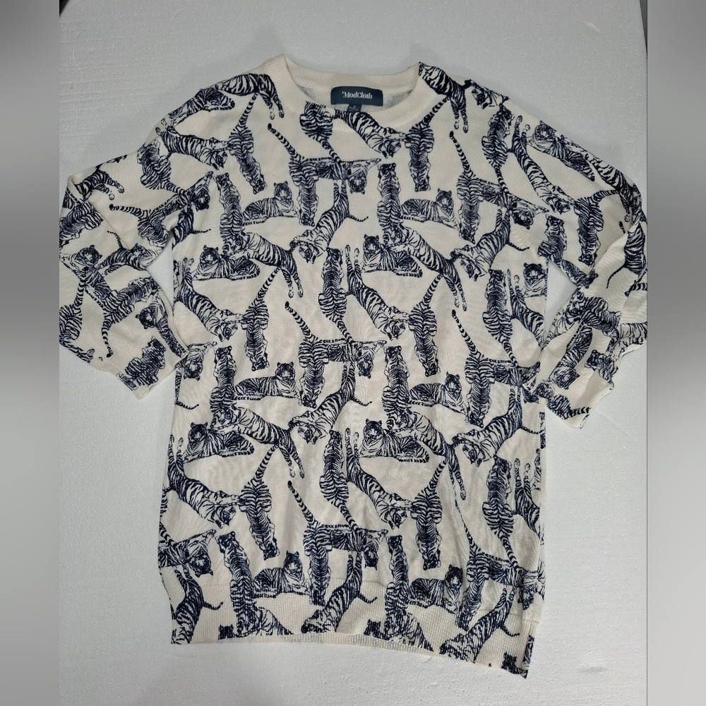 ModCloth Sweater Womens S Cream Blue Tiger Print 3/4 Sleeve Modal Blend Knit - Picture 7 of 10